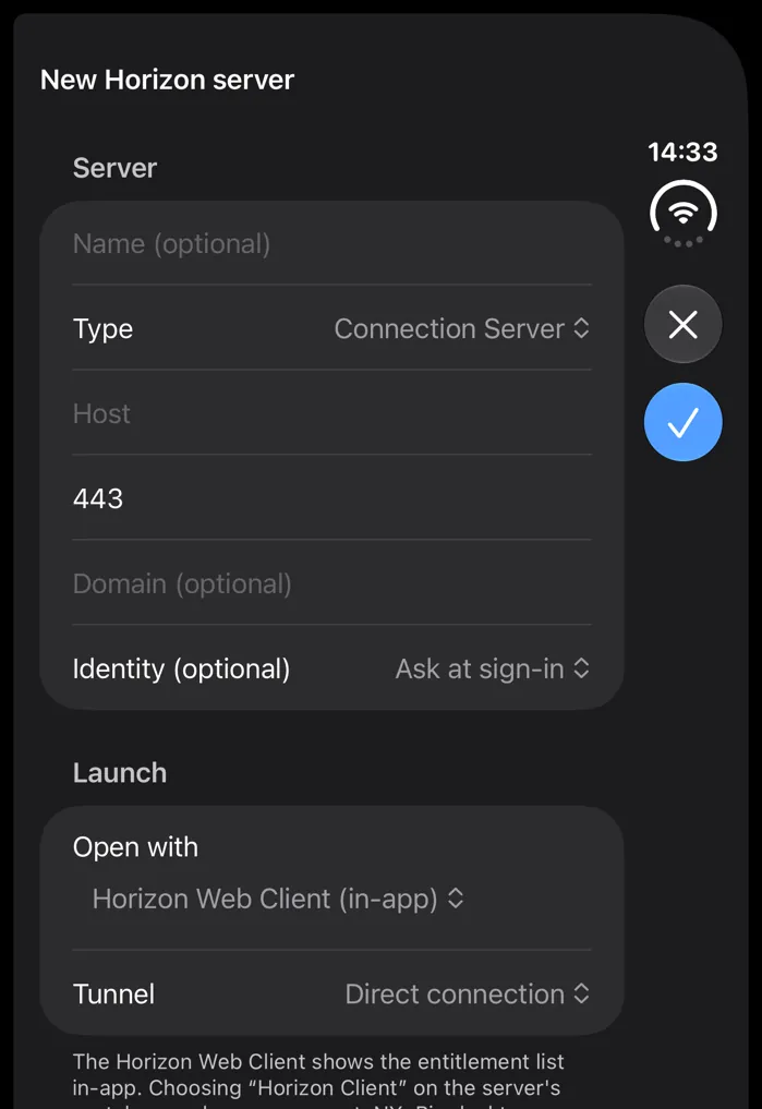 remoteNX auf dem Außendisplay des iPhone Duo: Formular für einen neuen Horizon-Server