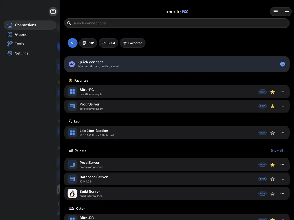 remoteNX auf dem iPad: Seitenleiste mit Verbindungen, Gruppen, Tools und Einstellungen, daneben Favoriten und Server