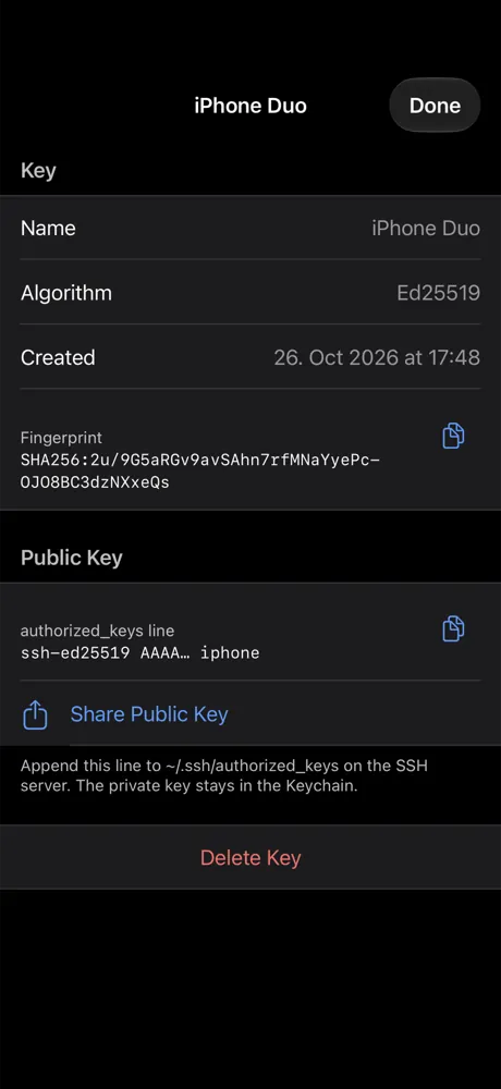Details eines Ed25519-Schlüssels mit Fingerabdruck und Public Key