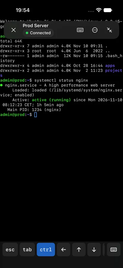 SSH-Terminal mit Tastenleiste, Ctrl ist aktiv