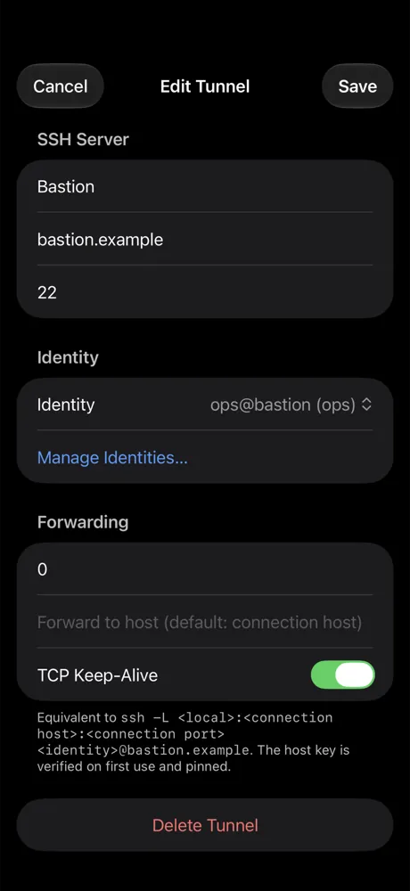 Tunnel bearbeiten: SSH-Server, Identität und Weiterleitung